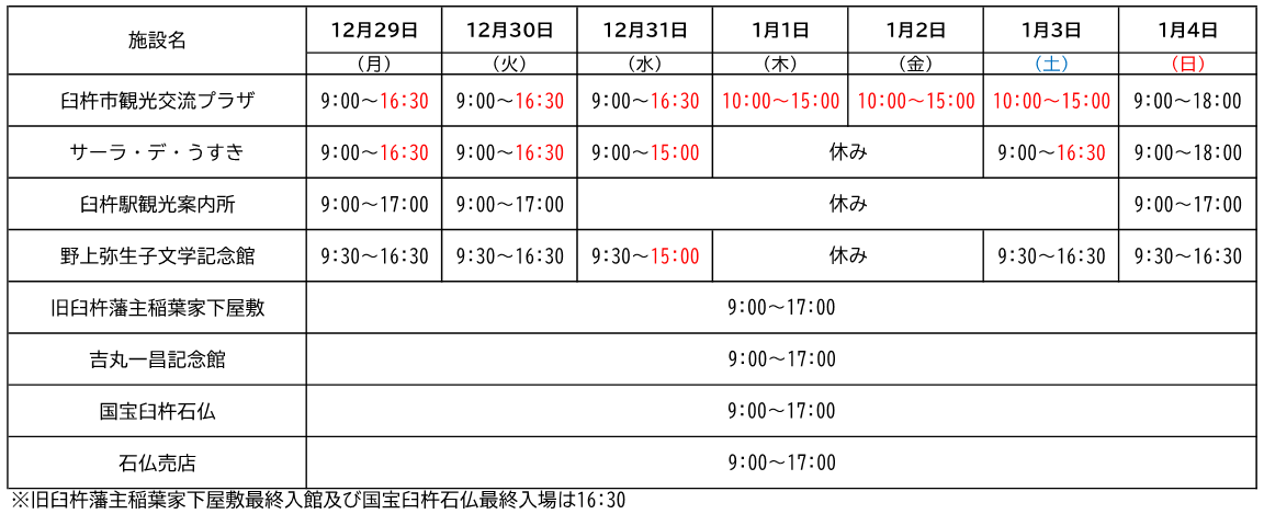 観光関連施設の年末年始の開館予定について（お知らせ） | 臼杵市役所